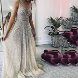 Amfeov Female New Fashion Pink A Line Sequins Floor-Length Formal Dresses Women Party Dress Silver Deep V Neck Sleevess Sexy Prom S-2XL