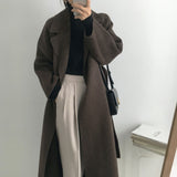 Amfeov Black Friday Sales French Lazy Style Warm Female Fresh Winter 2024 Classical Belt Retro Loose Women Woolen Coats Chic Casual Long Coat Long