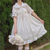 QWEEK White Kawaii Lolita Dress For Girls Soft Princess Fairy Peter Pan Collar Dress Japanese Style Cute Puff Sleeve Party Dress