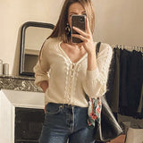 Amfeov Valentine Lace Patchwork Sweater Women Autumn Winter Puff Sleeve V-neck Jumper Cardigan 2022 Vintage Chic Casual Sweaters Femme