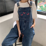 Casual S-4XL Oversize Jeans for Women Vintage Wash Denim Jumpsuit Loose Large Pocket Rompers Cute Butterfly Embroidery Overalls