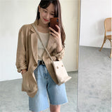 Amfeov 2024 Spring Summer Women's Blazer V-Neck Full Sleeve Pockets Khaki Cotton Linen Jacket Female Casual Outer Wear Blazer