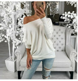 Amfeov Women T-Shirt Hot Fashion Sexy Ladies Off-The-Shoulder Long Sleeve Round Neck Casual Loose Solid Multicolor Plus Size