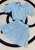 Amfeov 2022 New Summer Skirt Set Women Sexy Card Shoulder Short Sleeve Hollow Short Top & A Line Mini Skirt Two Piece Set