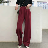 Amfeov Casual Pants Women Vintage Pure Burgundy Office Lady Long Trousers Summer Soft Elegant Pockets Minimalist Femme Chic Streetwear