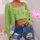 Amfeov Cardigan Sweater For Women 2 Piece Sets With Crop Top Fashion Short Coat Y2k Blouse Long Sleeve Green Knitted Sweater Female