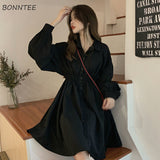 Amfeov Dress Women Korean Elastic Waist Design Vintage Black Simple Summer Womens Vestidos Lantern Sleeve Trendy Preppy Girls Dresses