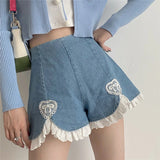 YBYR Cute Lolita Girls Denim Shorts Japanese Sweet High Waist Lace Irregular Women's Shorts S-4XL Summer Kawaii Sexy Blue Shorts