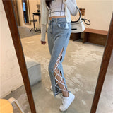 Amfeov back to school  Summer Design Ripped Jeans Women High Waist Thin Blue Denim Trousers Female Lace-Up Safari Style Loose Y2k Pants Korean