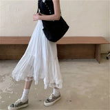 High Waist Lace Stitching Ruffle Tulle Pleated Skirt Summer Vintage White Thin Long Skirt 2021 New Women Korean Black Streetwear