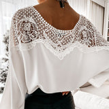 Amfeov New Crochet Embroidery Lace Blouses Women Autumn Sexy Lace Stitching White Shirts Vintage Plus Size Ladies Tops Blusas 12459