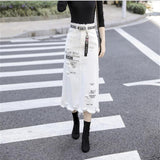 Amfeov Female Sexy Casual Letter Printing Ripped Denim Skirts Spring Women Fashion High Waist Large Size A-Line Hole Jean Skirts White