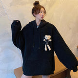 Amfeov Christmas Gift Deeptown Pocket Bear Hoodie Women Long Sleeve Kawaii Sweatshirt Korean Style Winter 2024 Fashion Thick Oversized Cute Tops Kpop