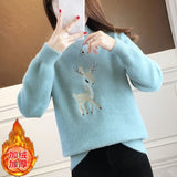 Amfeov Christmas Sweater Women Faux Mink Cashmere Half High Collar Pullover Fleece Winter Clothes Embroidery Deer Warm Jumper