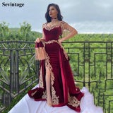 Arabic Mermaid Velvet Evening Dress 4 Pieces Overskirt Split Applique Lace Prom Gowns High Neck Tassel Algerian Outfit