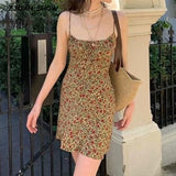 Back To School Amfeov hoco dresses Graduation Gift 2024 Summer Brown Floral Print Backless Sling Dress Summer Woman Adjust Spaghetti Strap Short Dresses Beach Holiday Vestidos