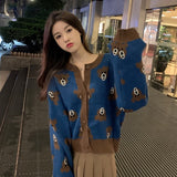 Amfeov Kawaii Knitted Cardigan Korean Fashion New Round Neck Long Sleeve Cute Bear Print Loose Women's Harajuku Japanese Sweater Y2k
