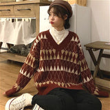 Amfeov Sweaters Women Vintage Argyle Korean All-Match Chic V-Neck Ladies Pullovers Student Lazy Style Popular Winter Womens Sweater New