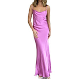 Amfeov Sexy Backless Floor-Length Dress Women Sleeveless Satin Sling Long Dress Elegant Purple Party Dating Evening Wear 2024 Summer