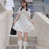 QWEEK White Kawaii Lolita Dress Soft Girl Cute Style Ruffle Short Sleeve Wrap Mini Punk Dress Women Summer Sundress 2021 Korean