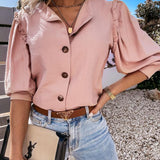 Amfeov-Women Casual Shirt Office Ladies V-Neck Lantern Sleeve Tops Autumn Solid Color Sweet Blouses Female 2021 Fashion Clothing