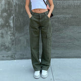 Amfeov Green Vintage Baggy Jeans Women's Pockets Wide Leg Cargo Pants Streetwear Casual Y2K Low Waist Denim Straight Trouser