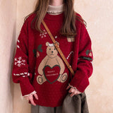 Christmas Gift Chirstmas Sweater Red Women Retro Kawaii Bear Loose Pullover Casual Long Sleeve Round Neck Sweaters