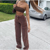 Amfeov Y2K Low Rise Straight Brown Cargo Jeans Wrap Belt Denim Pants Ruched Drawstring Women Denim Trousers Street Indie Aesthetic Jean