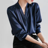 Amfeov Office Wear V-Neck Women Satin Blouse Tops 2024 Elegant Loose Full Sleeve Ladies Pullovers Shirts Blusas Femme