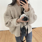 Amfeov Fall Winter Solid Color Retro Jumper Stand-up Collar Long Sleeve Zipper Sweater Jacket Women All Match Loose Knit Cardigan