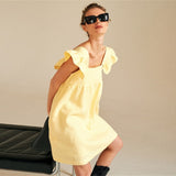 Sweet Butterfly Sleeve Mini Dress Bright Yellow Square Collar A-Line Casual Loose Street Wear Beach Boho Party Dress 2021 Summer