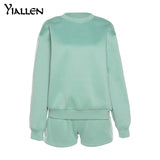 Yiallen Autumn Cotton Solid Two Piece Set Women Early Casual O-Neck Sweater+Drawstring Sporty Shorts Classic Matching Outfit