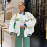 Y2k Green Print Fashion Baseball Bomber Coat 2021 Autumn Winter Oversized Patchwork Jacket Varsity Women Casual White
