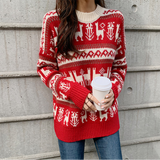 Christmas Gift Women Korean Christmas Vintage Red O-Neck Twist Loose Casual Korean Knitting Pullovers Thicked Warm Sweater