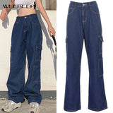 Weekeep Fashion Streetwear Women Jeans Pocket High Waist Jeans Korean Casual Straight Harajuku Denim Pants Baggy New Cargo Pants