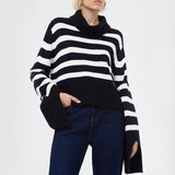 2021 Women Turtleneck Knitted Striped Sweater Autumn Winter New Clothes Ladies Korean Casual Loose Split Pullover Top All-Match