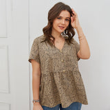 Christmas Gift Vintage Button Leopard Print Women Tops and Blouses Plus Size Summer 2021 V-Neck Short Sleeve Casual Female Ruffle Blouse XL-4XL