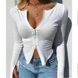 Amfeov Women T-shirt Spring Autumn Clothes Ribbed Knitted Long Sleeve Crop Tops Zipper Design Tee  Female Slim Black White Tops