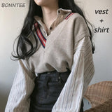 Amfeov Two Pieces Sets Women Striped Shirts Single Breasted And V-Neck Sweater Vest Korean Style Chic Trendy Popular Female Ulzzang Ins