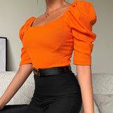Amfeov Puff Sleeve Square Neck Knit Crop Top Tshirt Women Shirt Spring Autumn Elastic Chic Work Out T Shirt White Orange