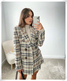 Amfeov British Style Women Plaid Tweed Jacket Coat With Pockets Fashion Office Ladies Double Breasted Tops Casual Outwear
