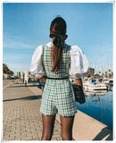 Amfeov Patchwork Tweed Plaid Jumpsuit With Belt Pockets Fashion Turn Down Collar Harf Sleeve Playsuit  2020 Women Casual Mono