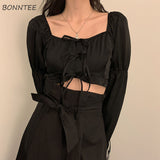 Blouses Women Elegant Solid Lace-up Korean Style Ins Daily Casual Summer Square Collar Cropped Shirts Sexy Slim Stylish Popular