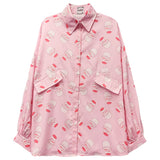 Amfeov Christmas Gift Autumn New Women Blouses Holiday Casual Puff Long Sleeve Top Ladies Strawberry Milk Printed Shirt Korean Summer Fashion Clothing