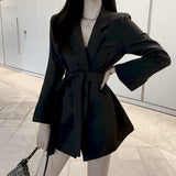 Amfeov Women's Spring Jackets 2022 Elegant White Black Office Wear With Belt Suit Blazer Coat Long Sleeve Ladies Blazer Dress For Women