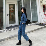 Amfeov Cargos Cordurory Jumpsuit Long Sleeve Loose Fashion High Steet Belted Rompers Front Buttons Long Pants Overalls