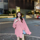 Amfeov Shirts Women Solid Oversize Couple High Street Bf Pink Retro Plus Size Womens All-Match Sunproof Summer Autumn Blouses