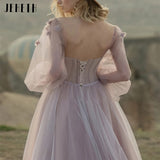 Amfeov Sweetheart Long Puff Sleeves Tulle Appliques Prom Dresses A Line Lace-up Backless Party Gown Sweep Train robes de soirée