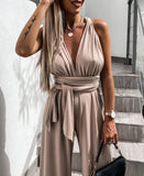 Amfeov Summer Elegant Women Jumpsuits 2024 Sexy Solid V Neck Sleeveless Backless Loose Wide Leg Palysuits Bandage Female Jumpsuit