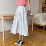 Amfeov Candy-Colored Long Pleated Skirt Women Summer Casual Simple Solid Midi Skirt 2024 A-Line High Waist Skirts Students Streetwear